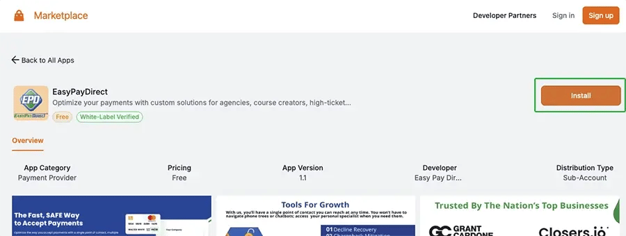 HighLevel marketplace listing for EasyPayDirect with the Install button highlighted