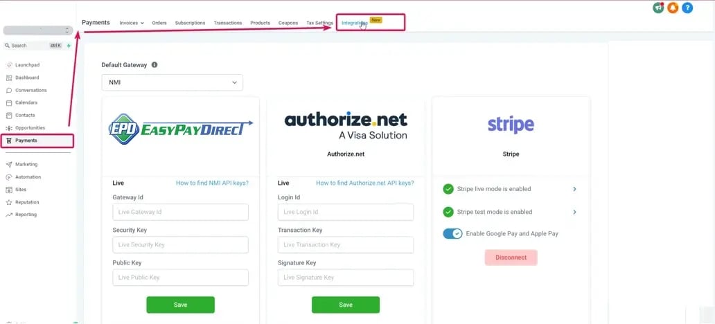 HighLevel Payments Integrations screen showing EasyPayDirect, Authorize.net, and Stripe as integration options