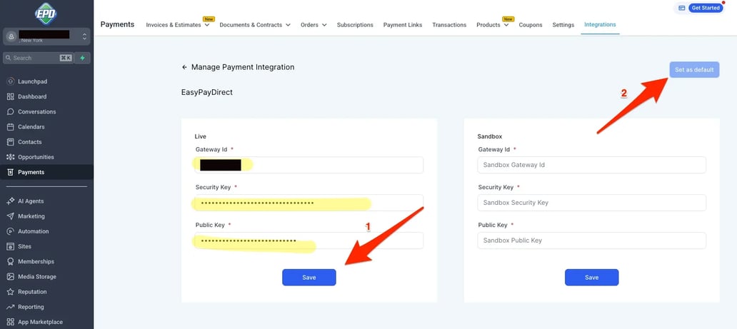 EasyPayDirect integration form in HighLevel with Gateway ID, Security Key, and Public Key fields, with Save and Set as default buttons highlighted