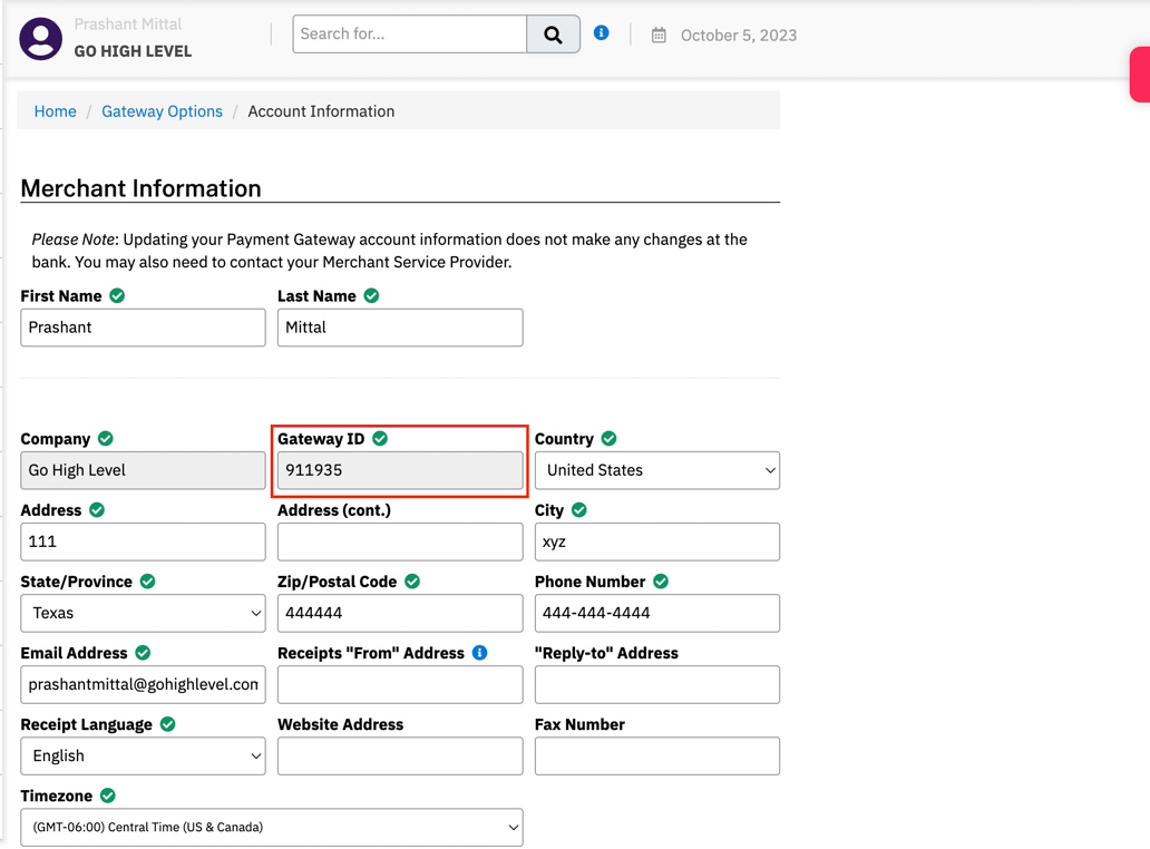 Easy Pay Direct merchant dashboard showing the Gateway ID field under Settings, Account Information, with the Gateway ID highlighted in red